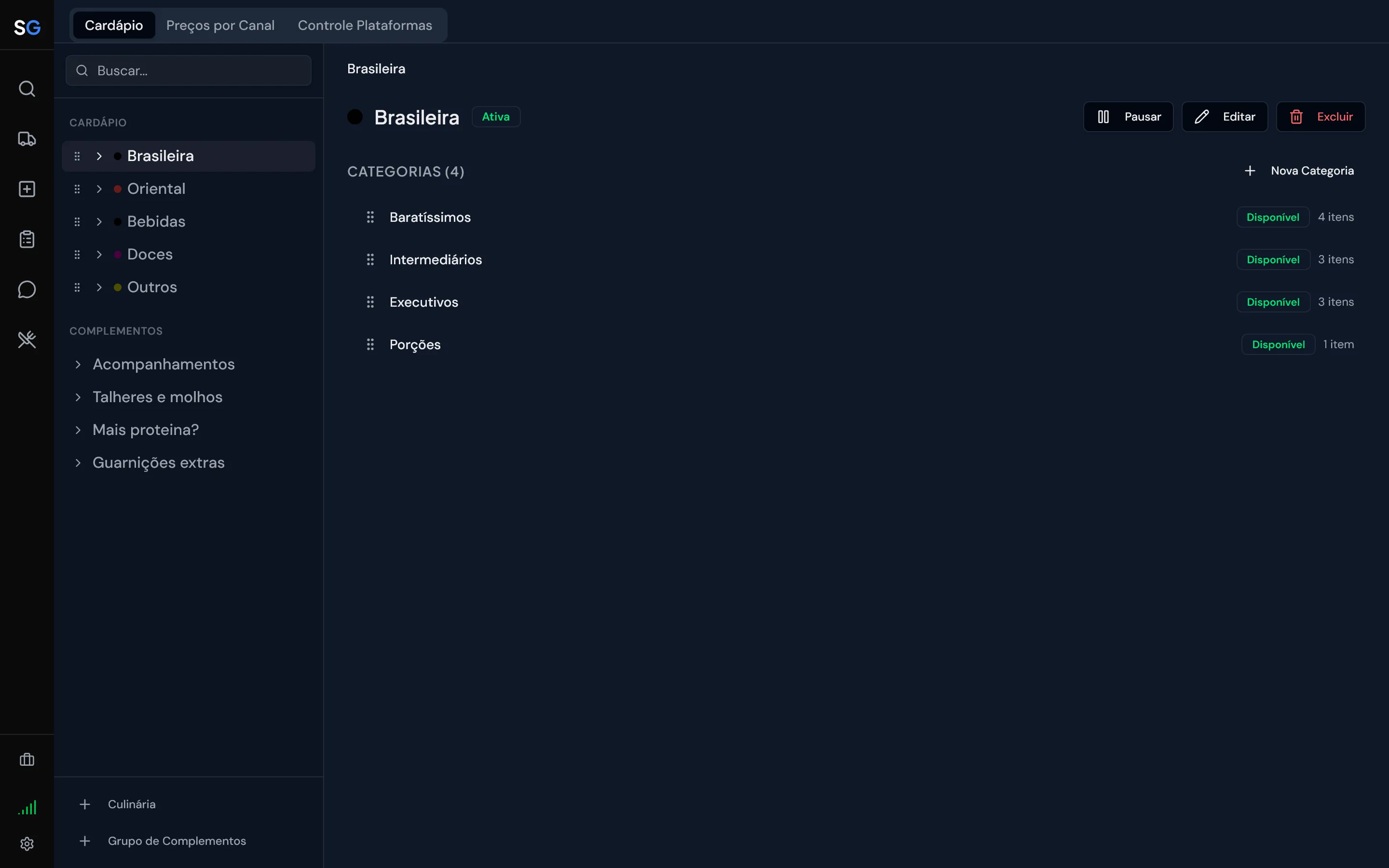 Editor de cardápio do Salsago com a lista de pratos e os preços por canal de venda lado a lado