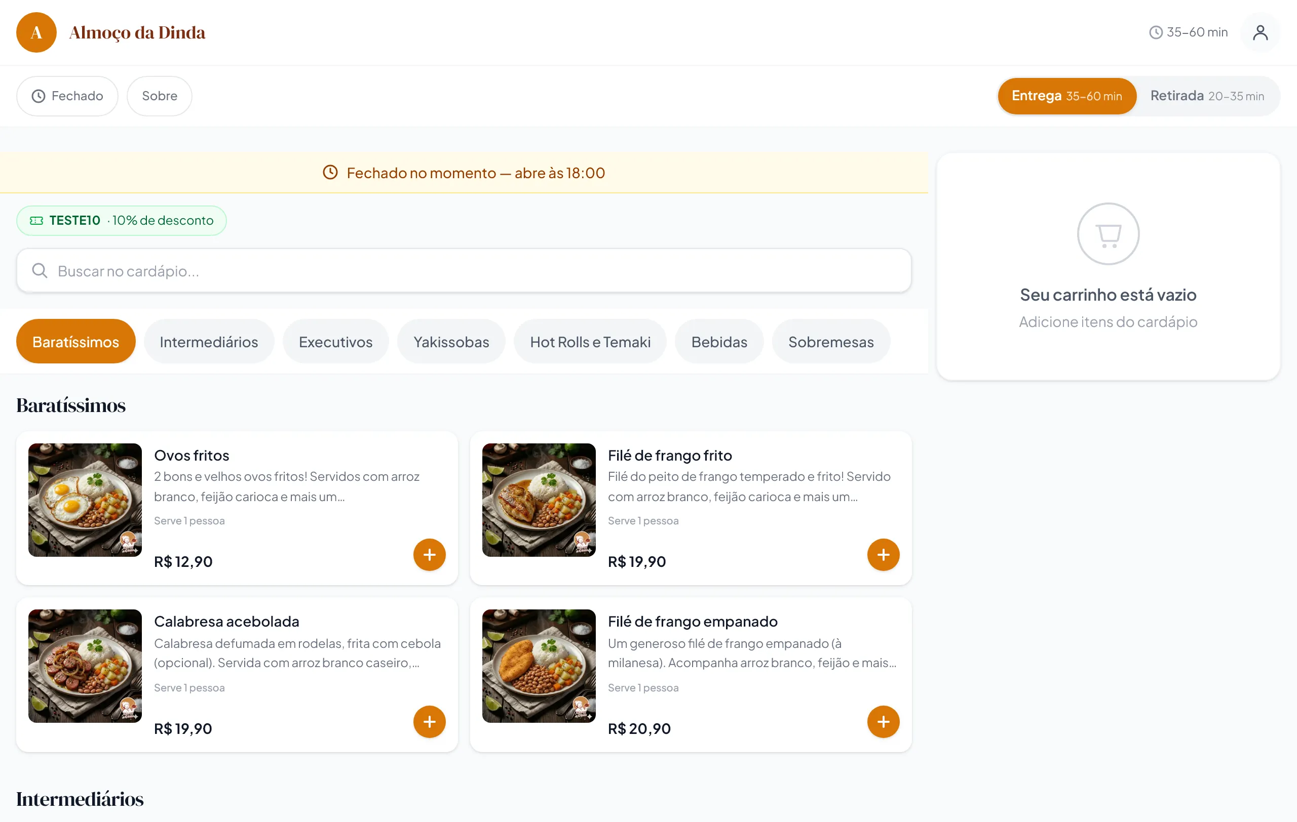 Storefront do Menu Web com o cardápio da loja, foto dos pratos e o botão de pedir